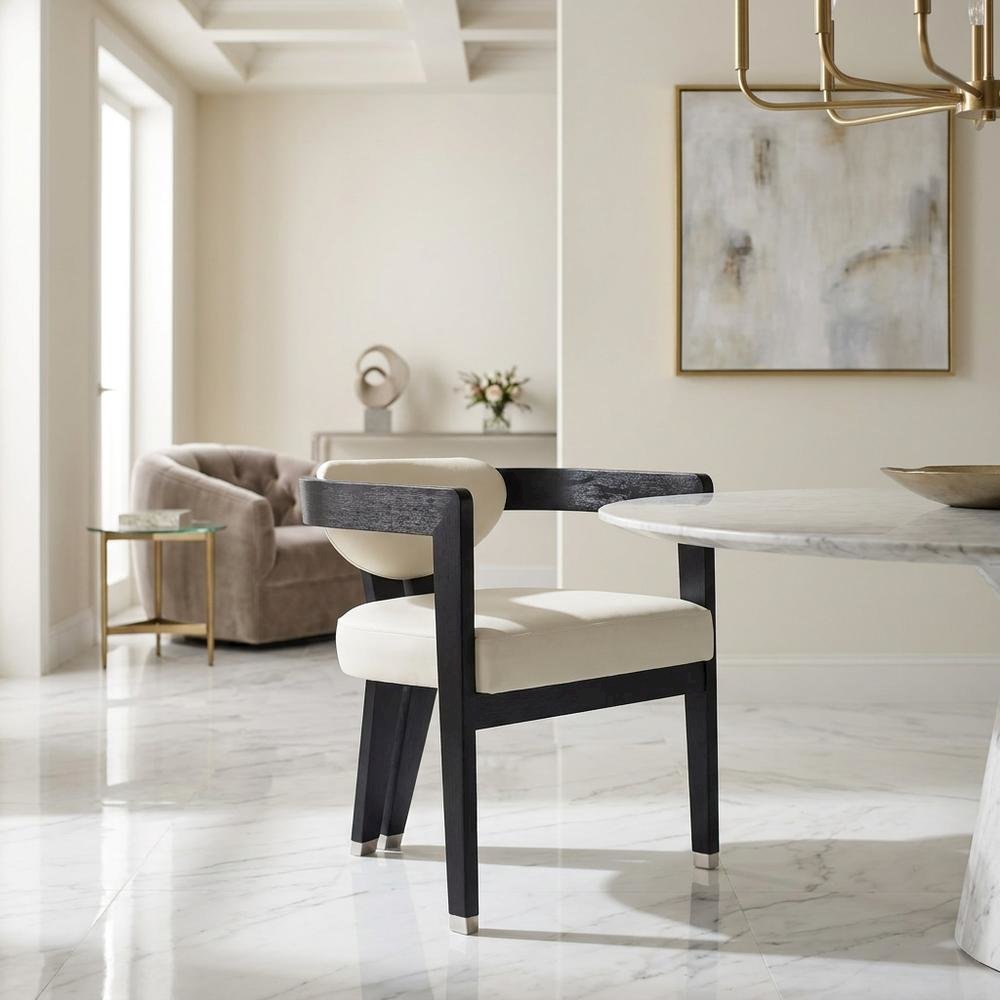 Vegan Leather Upholstered Dining Chair with Rubberwood Legs, Cream Vegan Leather. Picture 3