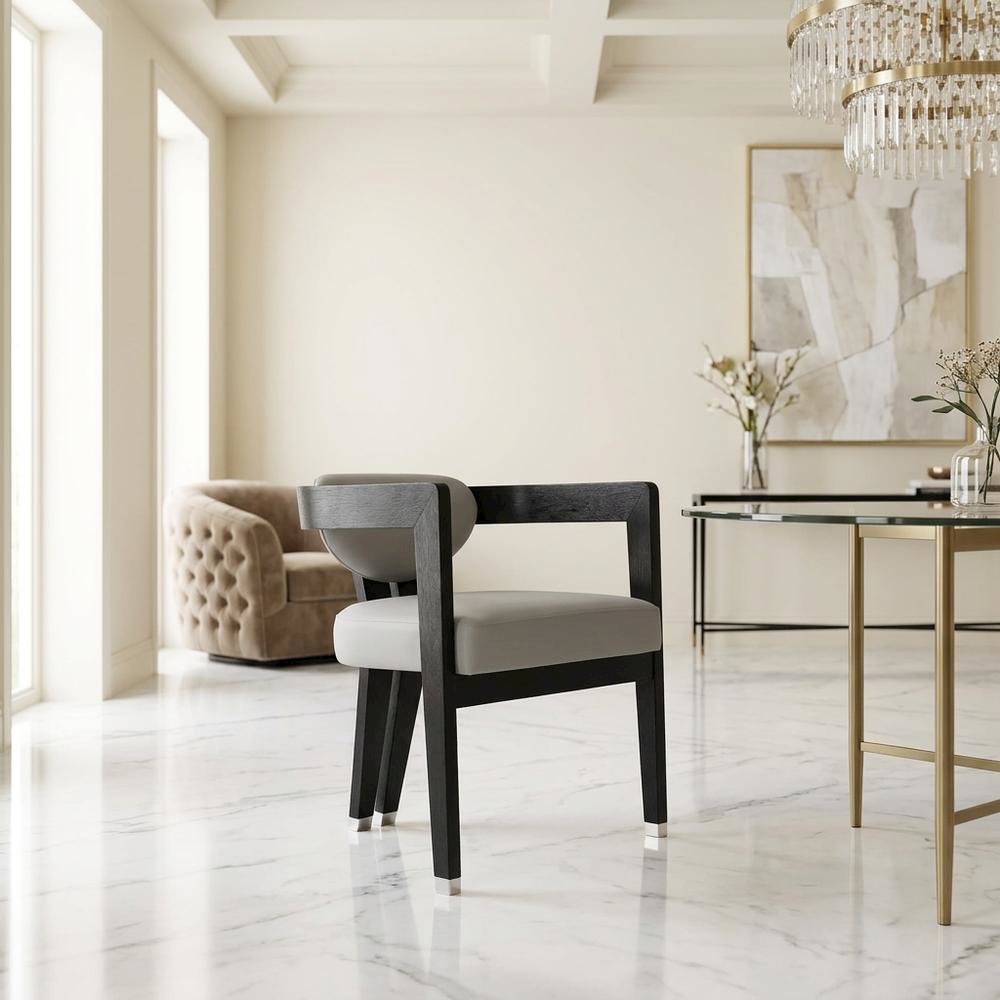 Vegan Leather Upholstered Dining Chair with Rubberwood Legs, Grey Vegan Leather. Picture 3