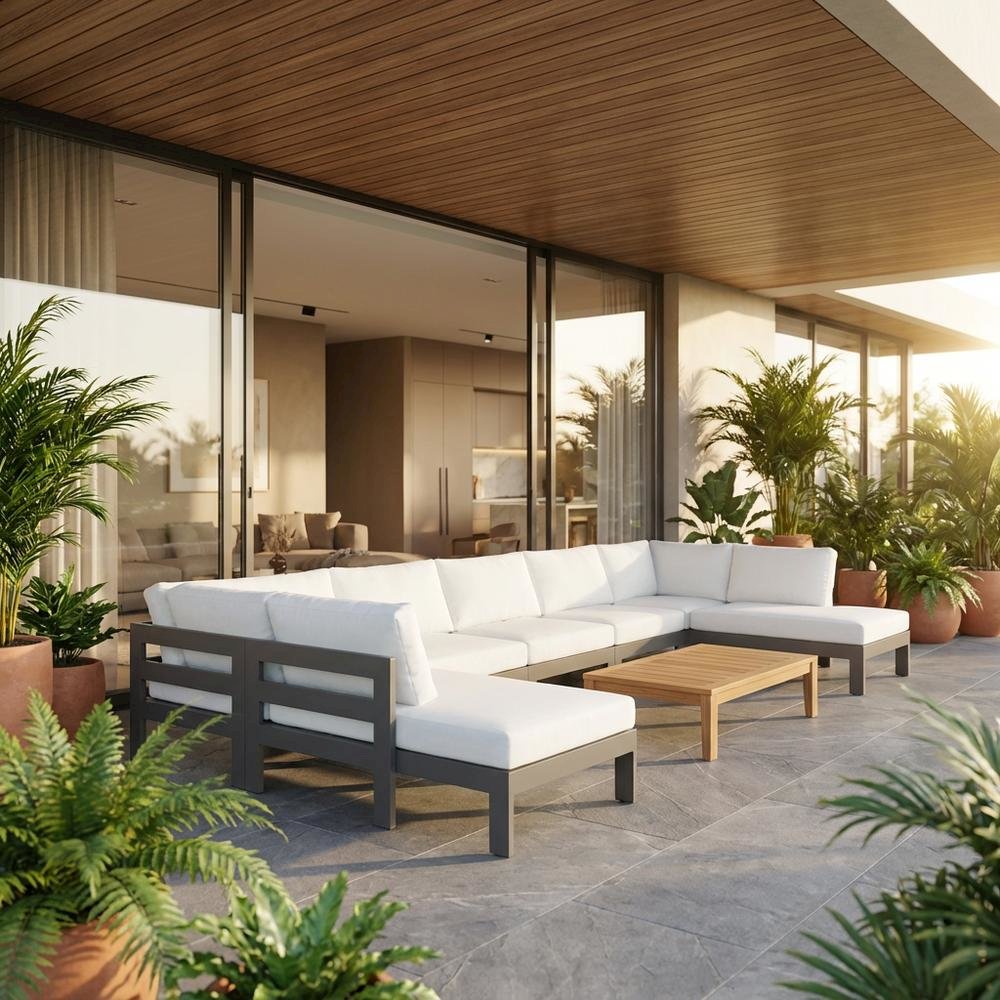 White Fabric Outdoor Modular Sectional, Contemporary Style, Cushioned Seat. Picture 2