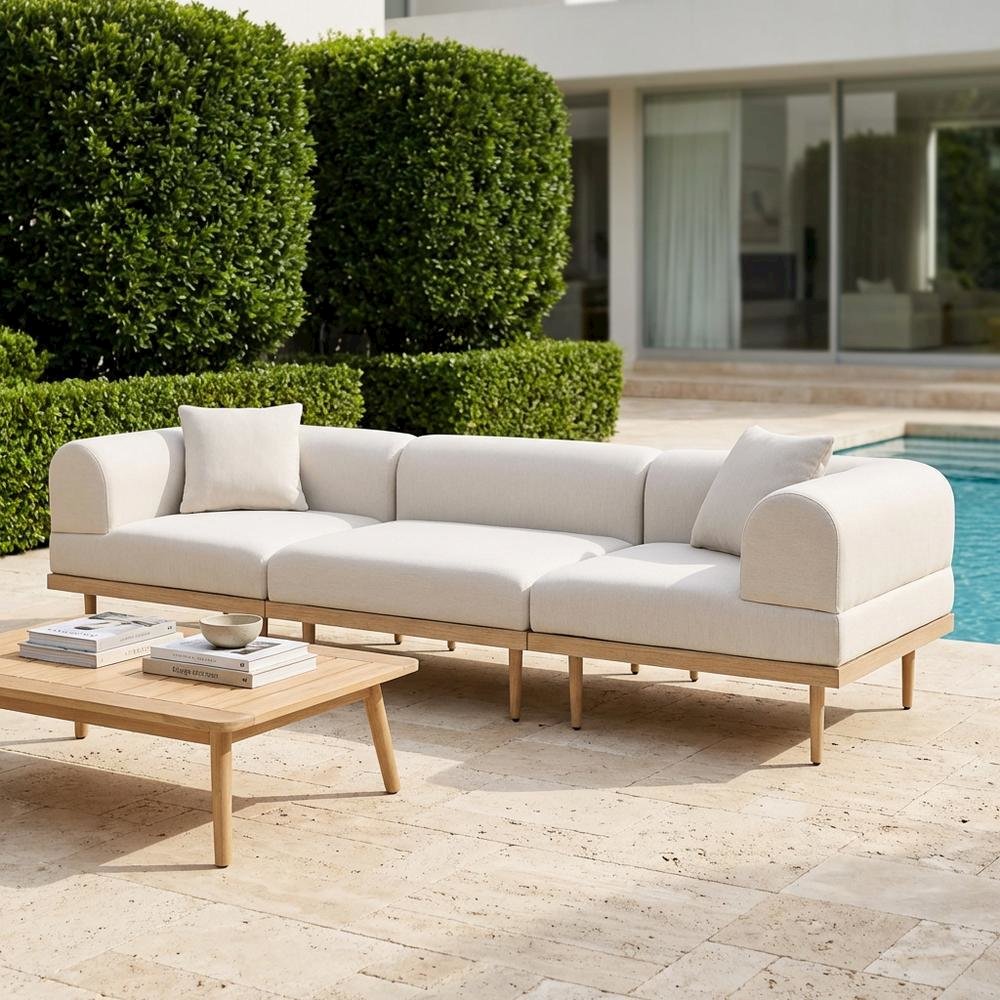 Beige Fabric 3-Piece Outdoor Modular Sofa with Cushions and Contemporary Style. Picture 3