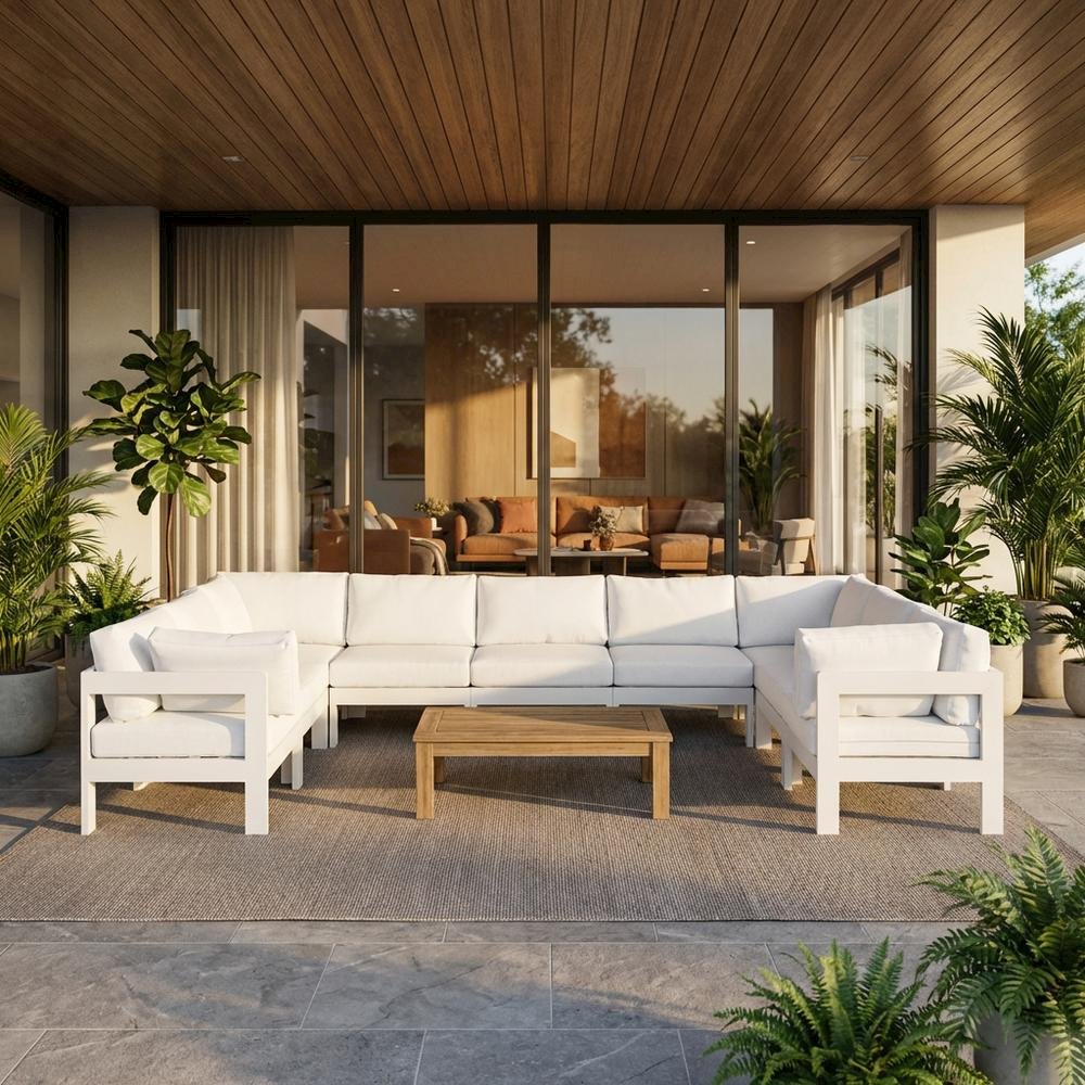 White Fabric Outdoor Patio Modular Sectional With Contemporary Style. Picture 2