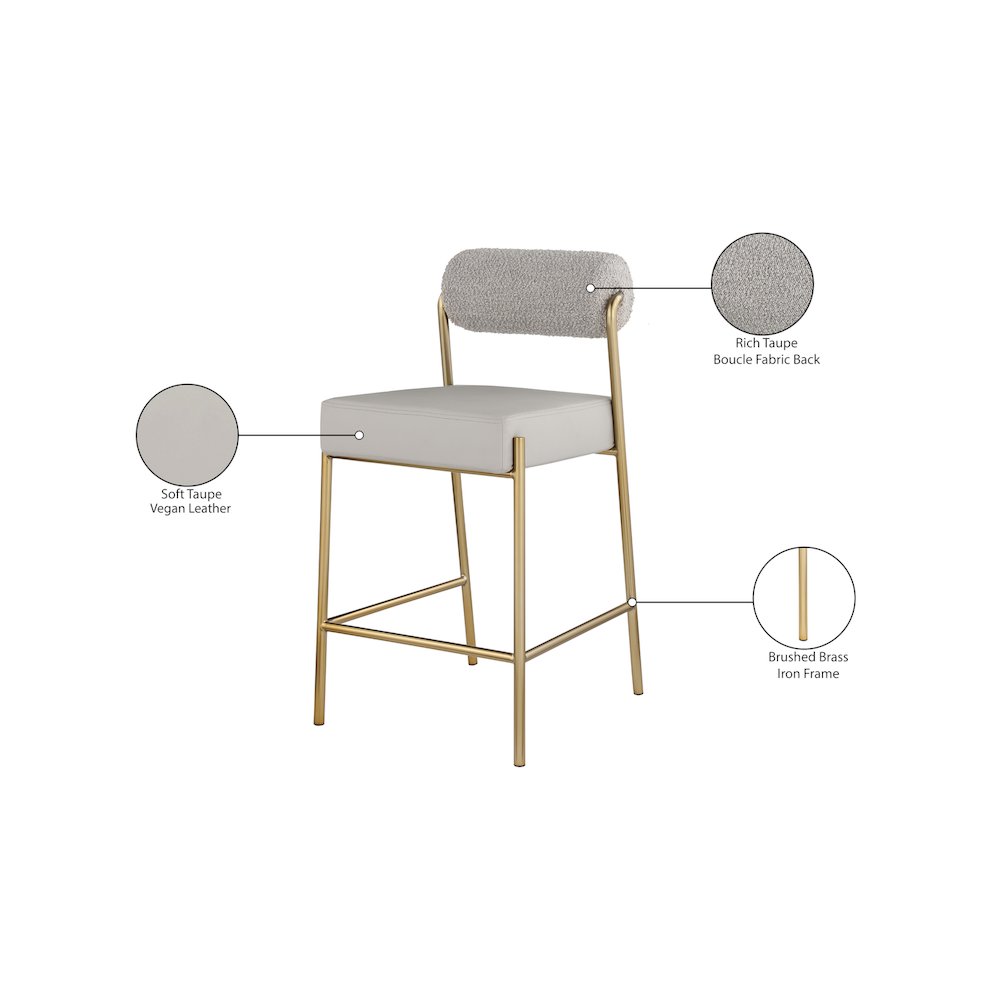 Carly Taupe Vegan Leather Seat / Boucle Fabric Back Counter Stool. Picture 7