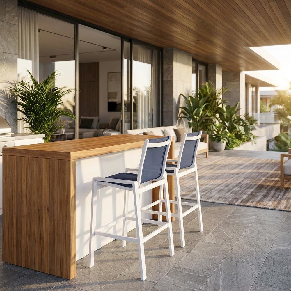 Navy Mesh Fabric Outdoor Patio Barstools Set Of 2 With Contemporary Style. Picture 2