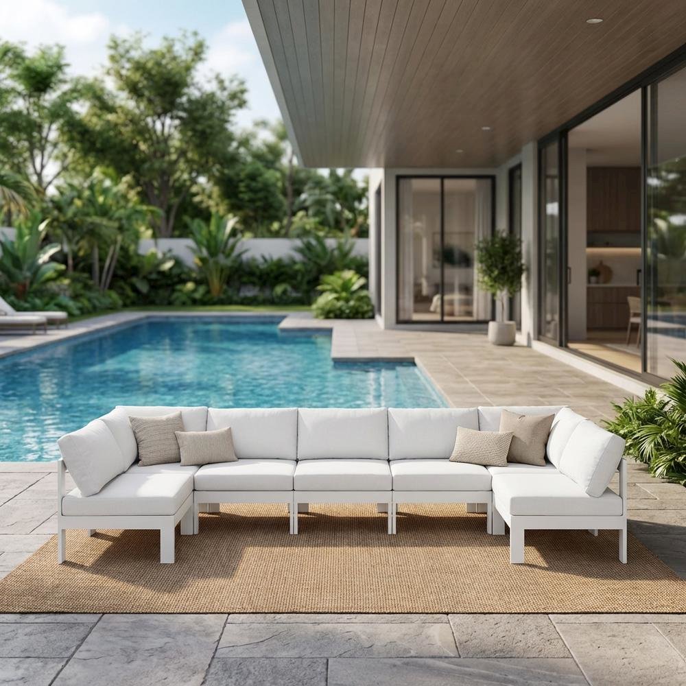 White Fabric Outdoor Patio Modular Sectional With Contemporary Style. Picture 3