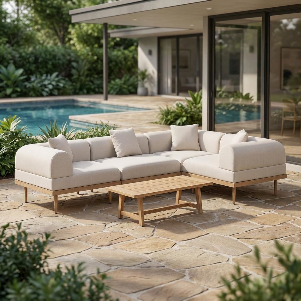 Beige Fabric Outdoor Modular Sectional, Cushioned Seats, Contemporary Style. Picture 3