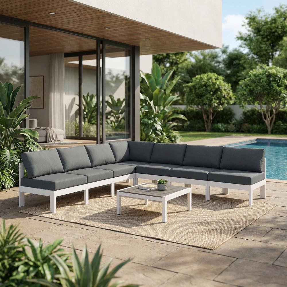 Gray Fabric Outdoor Patio Modular Sectional, Contemporary Style, Cushioned Seats. Picture 3