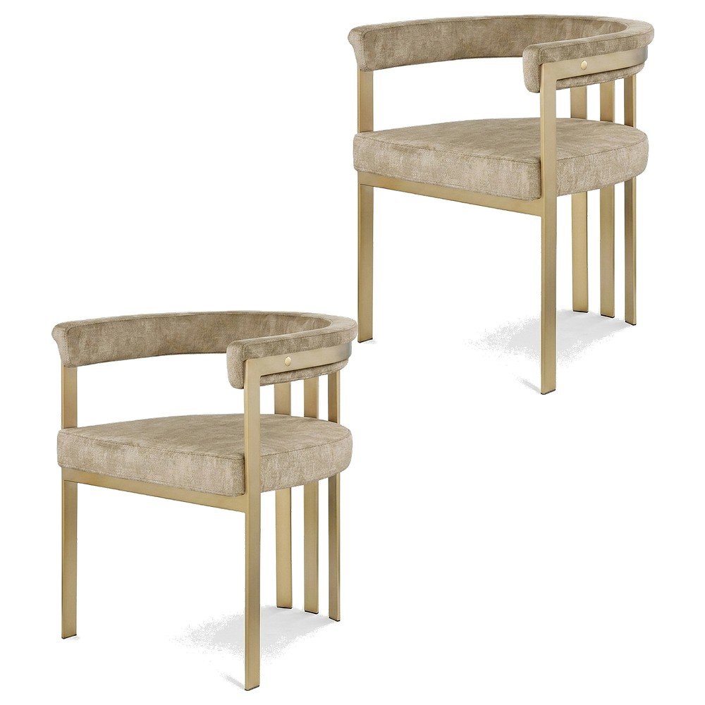 Velvet Dining Chairs with Brushed Brass Iron Legs, Beige Velvet, Set of 2. Picture 1