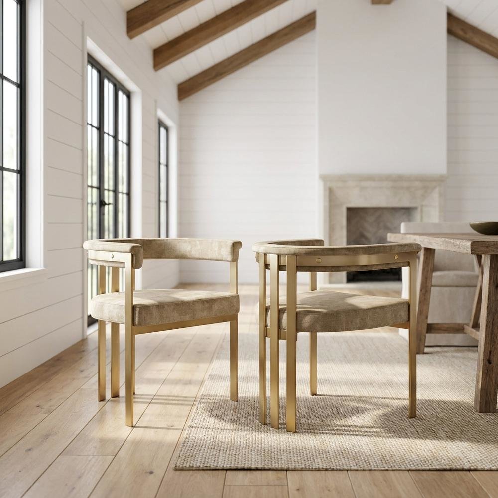 Velvet Dining Chairs with Brushed Brass Iron Legs, Beige Velvet, Set of 2. Picture 3