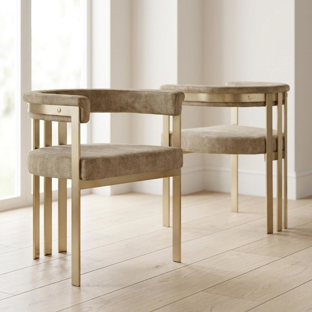 Velvet Dining Chairs with Brushed Brass Iron Legs, Beige Velvet, Set of 2. Picture 4