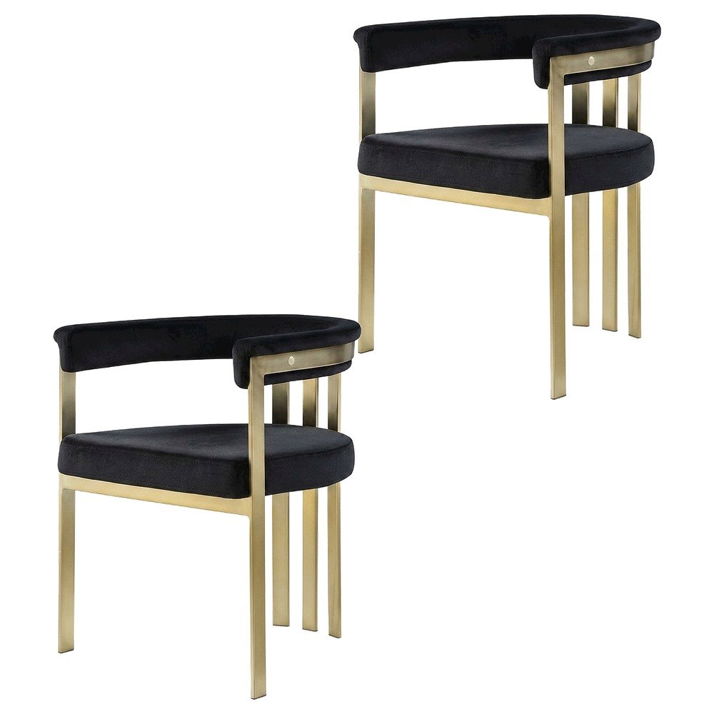 Velvet Dining Chairs with Brushed Brass Iron Legs, Black Velvet, Set of 2. Picture 1