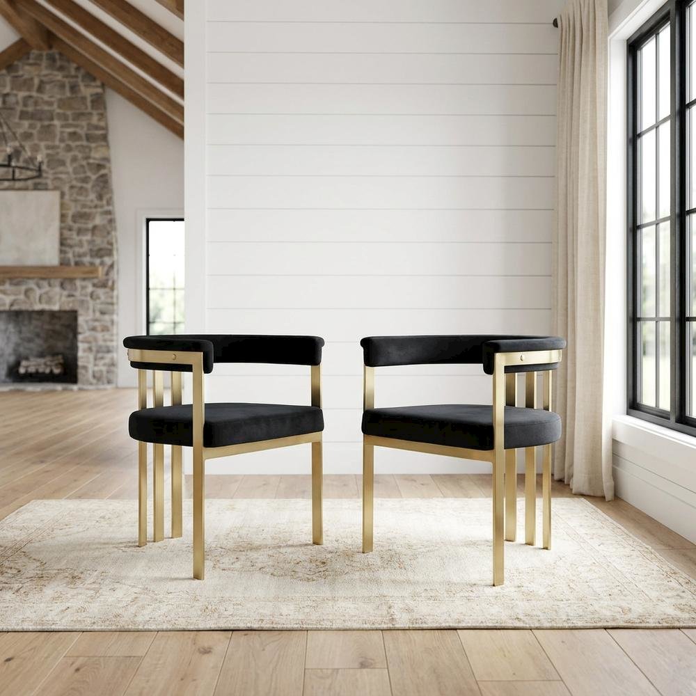 Velvet Dining Chairs with Brushed Brass Iron Legs, Black Velvet, Set of 2. Picture 3