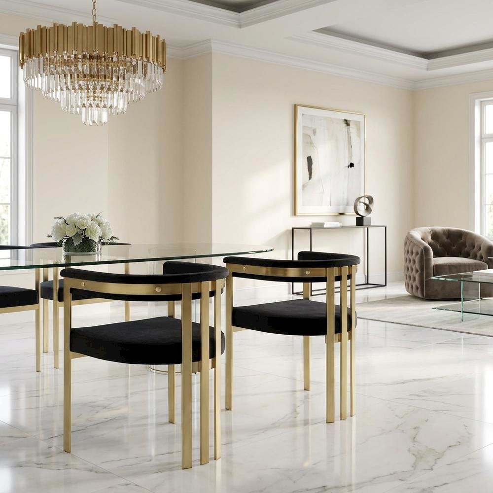 Velvet Dining Chairs with Brushed Brass Iron Legs, Black Velvet, Set of 2. Picture 4