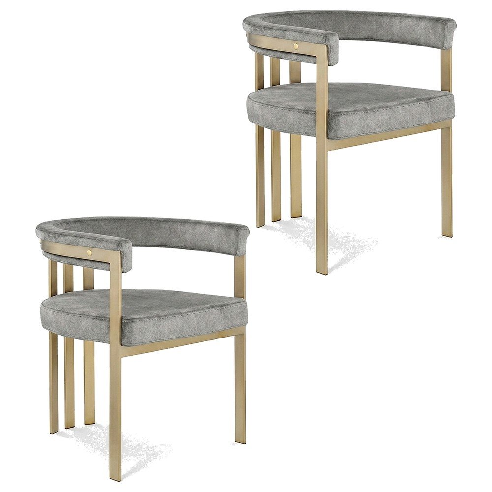 Velvet Dining Chairs with Brushed Brass Iron Legs, Grey Velvet, Set of 2. Picture 1