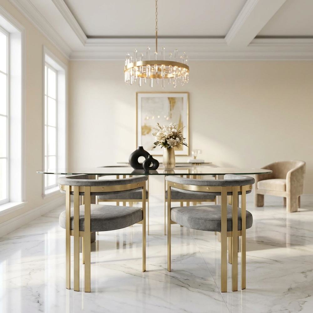 Velvet Dining Chairs with Brushed Brass Iron Legs, Grey Velvet, Set of 2. Picture 4