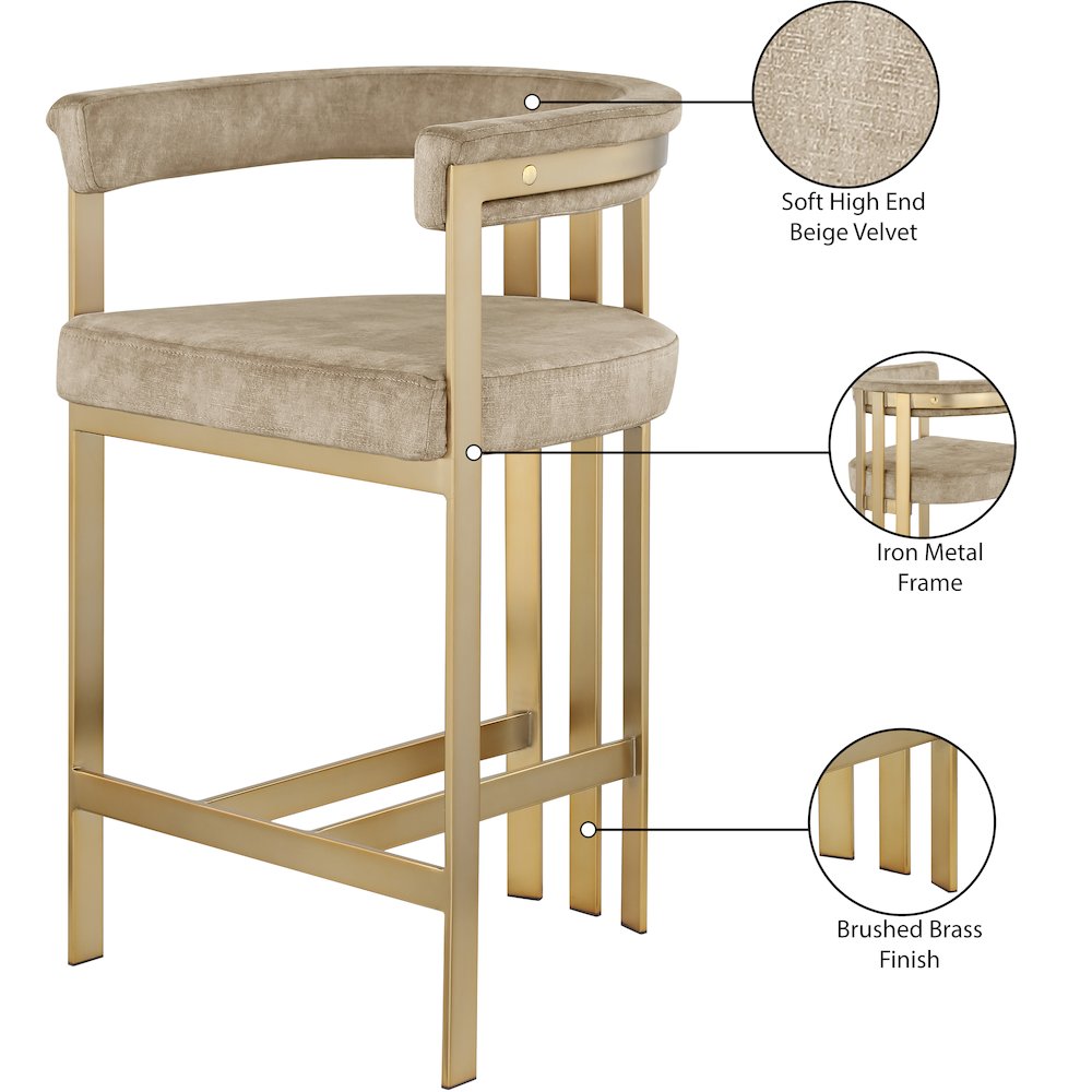Marcello Beige Velvet Counter Stool, Set of 2. Picture 7