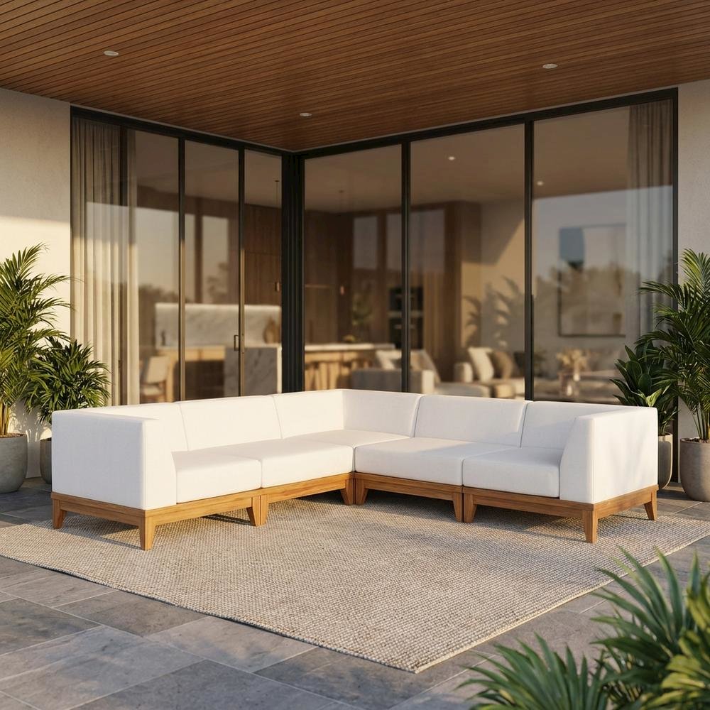 White Fabric Outdoor Patio Modular Sectional With Acacia Wood Finish. Picture 2