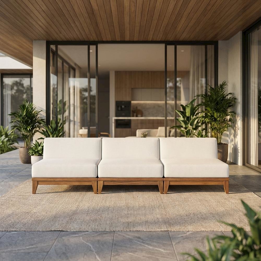 White Fabric Outdoor Patio Modular Sofa, Acacia Wood Finish, Contemporary Design. Picture 2