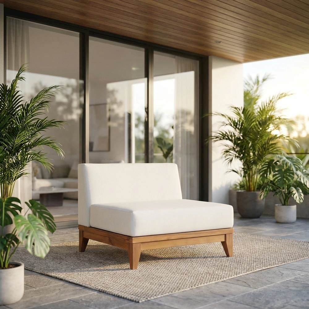 White Fabric Outdoor Patio Modular Armless Chair With Finish. Picture 2