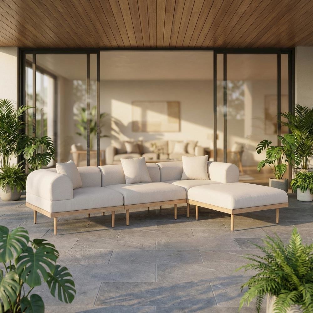 Beige Fabric Outdoor Sectional With Cushions And Contemporary Design. Picture 2