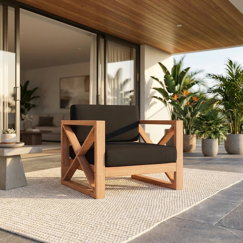 Contemporary Black Fabric Outdoor Chair With Cushioned Seat And Finish. Picture 2