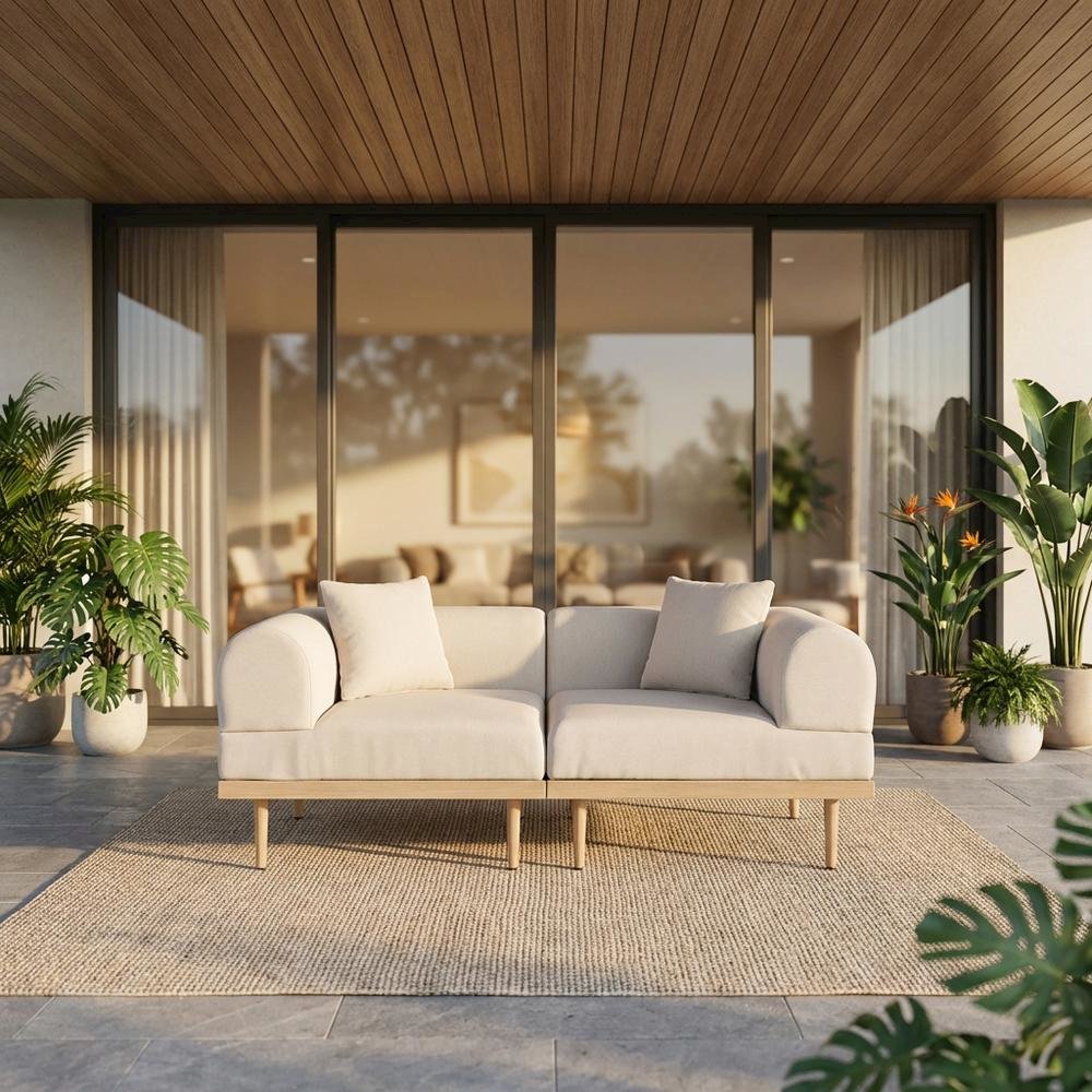 Beige Fabric Outdoor Modular Loveseat with Cushions and Contemporary Style. Picture 2
