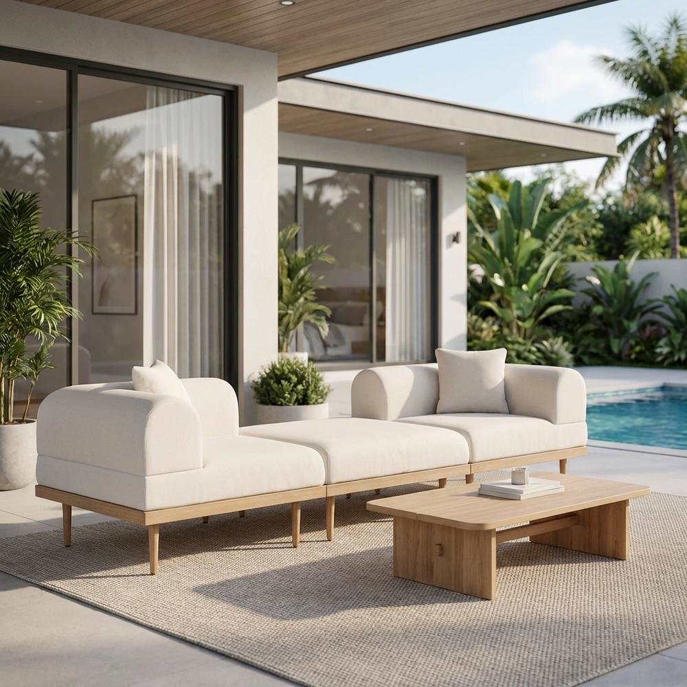 Cream Fabric Modular Outdoor Sofa Set With Cushions And Contemporary Style. Picture 3
