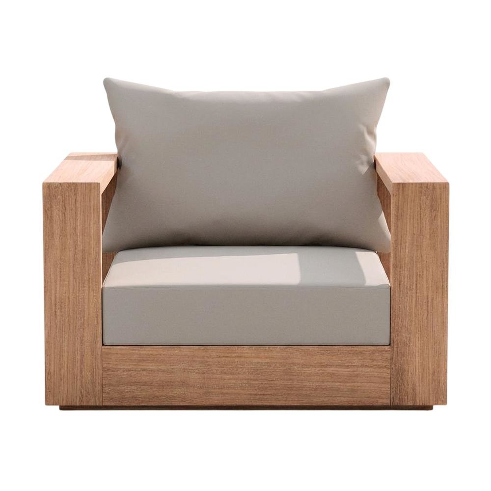 Gray Fabric Outdoor Chair With Pillow And Teak Finish. Picture 4