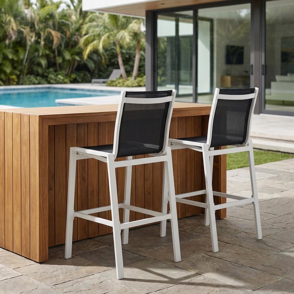 Contemporary White Outdoor Patio Bar Stools Set Of 2 With Back Support. Picture 3