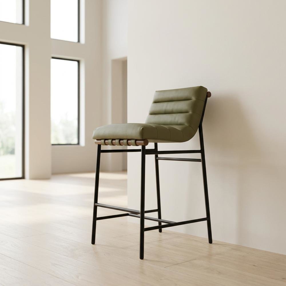 Vegan Leather & Boucle Counter Stool for Bar, Green Vegan Leather. Picture 3