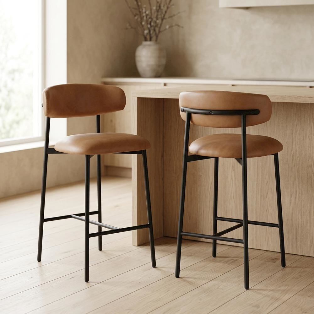 Vegan Leather Counter Stools with Back, Kitchen Island, Cognac, Set of 2. Picture 2
