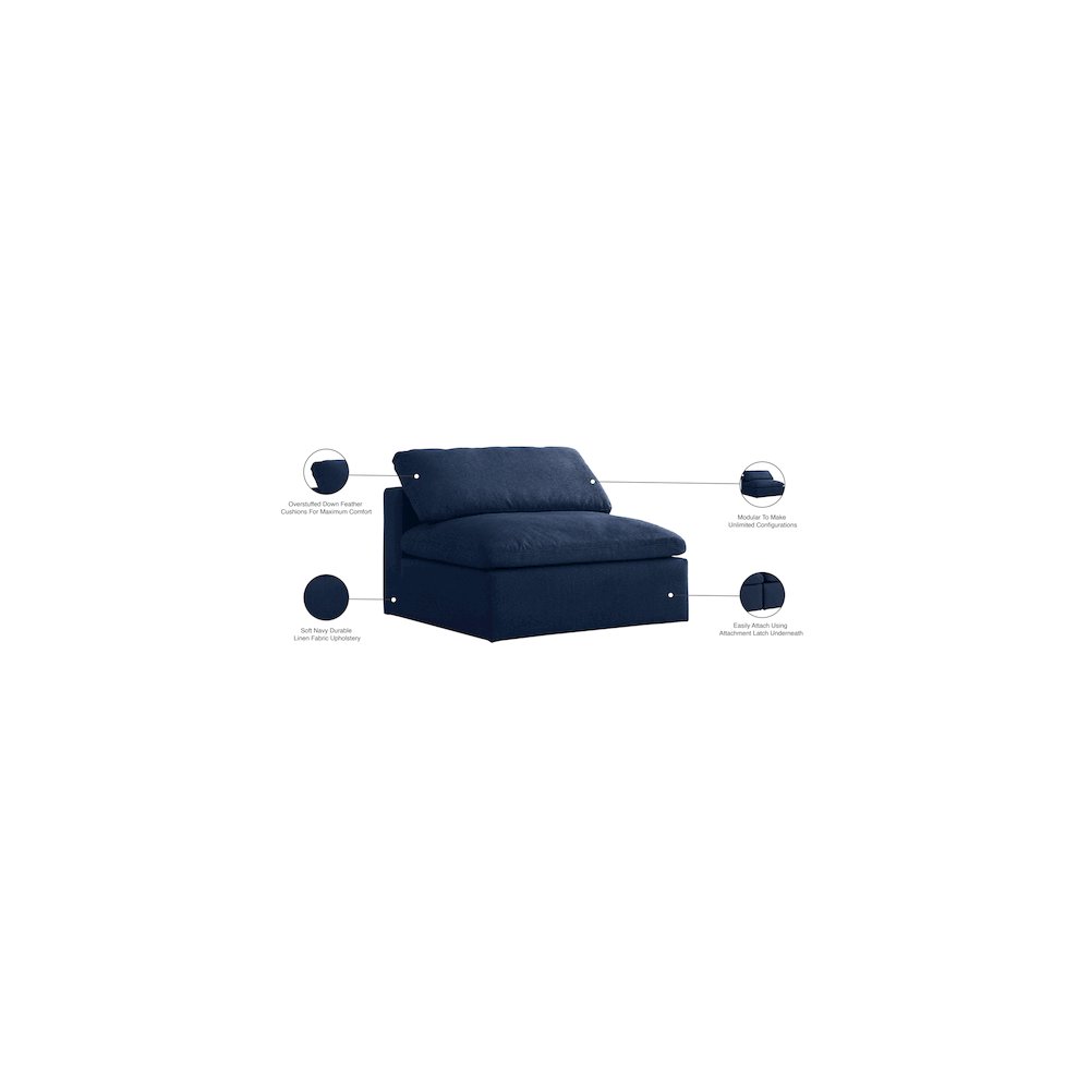 Serene Navy Linen Textured Fabric Deluxe Comfort Modular Armless Chair. Picture 6