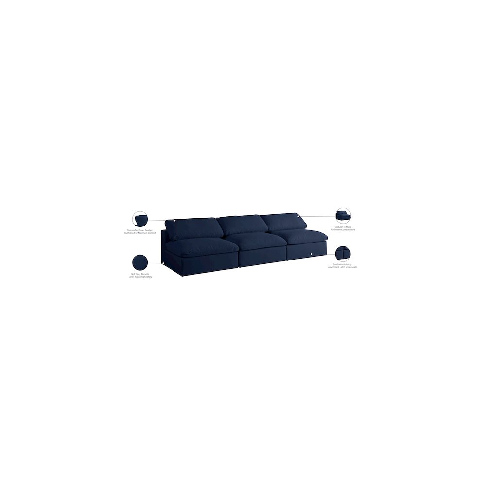 Serene Navy Linen Textured Fabric Deluxe Comfort Modular Armless Sofa. Picture 6