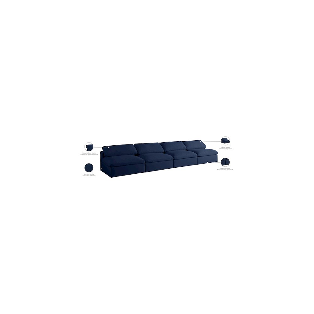 Serene Navy Linen Textured Fabric Deluxe Comfort Modular Armless Sofa. Picture 6