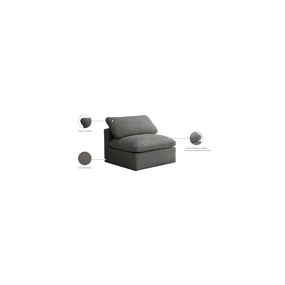 Plush Grey Velvet Standard Comfort Modular Armless Chair. Picture 6