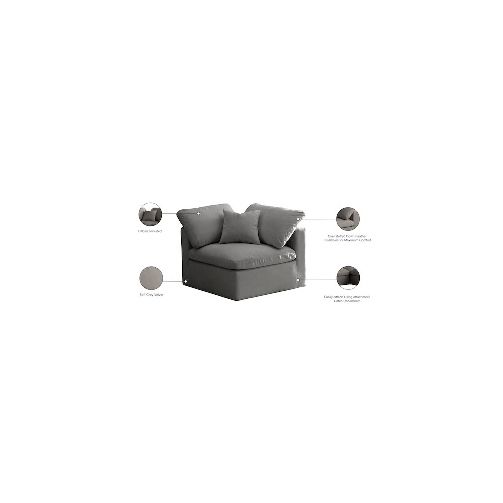 Plush Grey Velvet Standard Comfort Modular Corner Chair. Picture 5