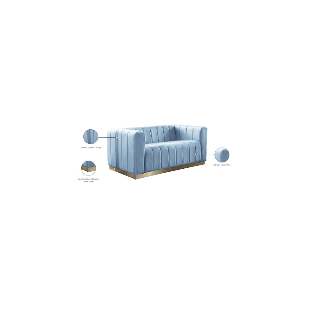 Marlon Sky Blue Velvet Loveseat. Picture 8