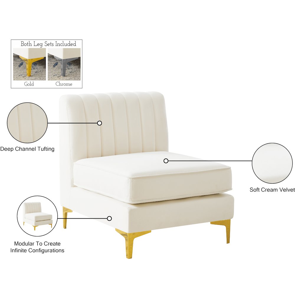 Alina Cream Velvet Armless Chair. Picture 17