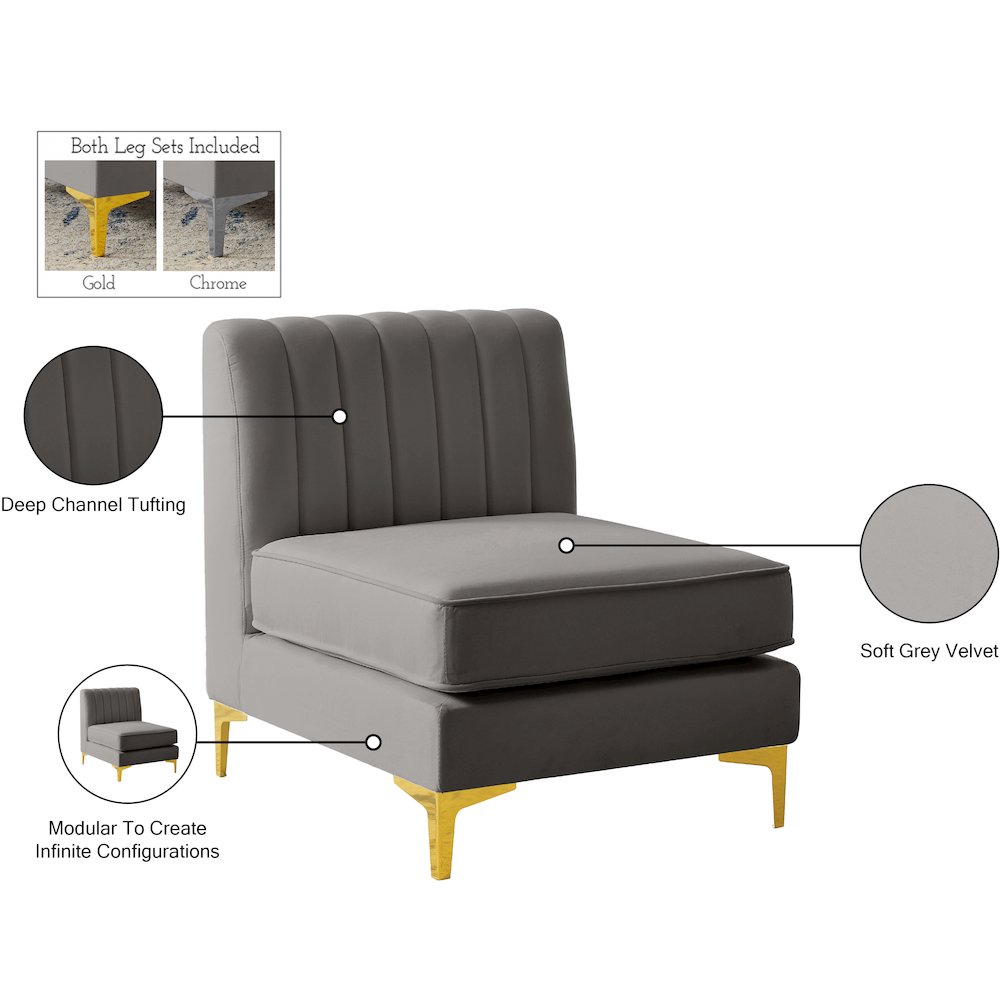 Alina Grey Velvet Armless Chair. Picture 17