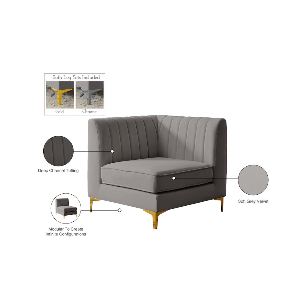 Alina Grey Velvet Corner Chair. Picture 17