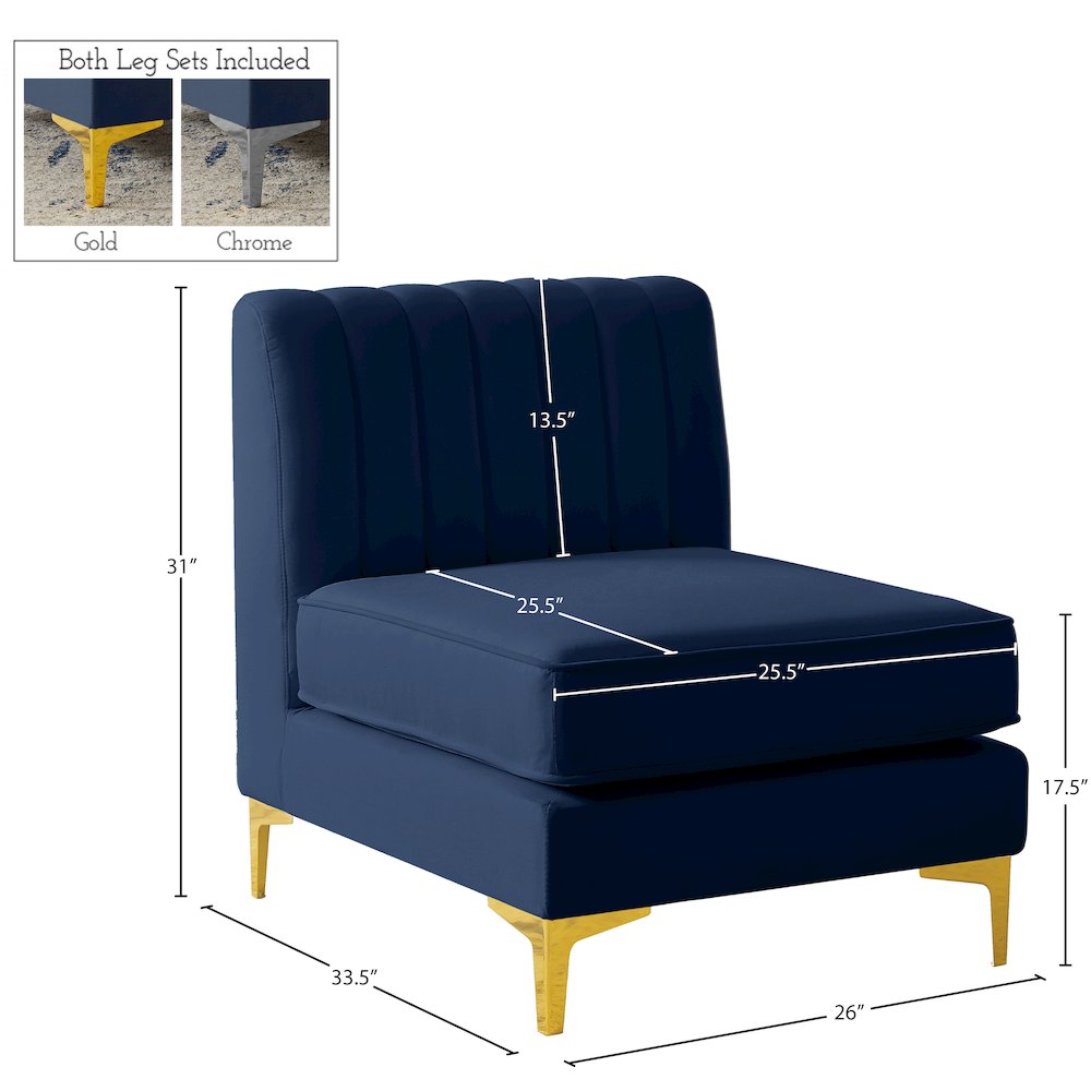 Alina Navy Velvet Armless Chair. Picture 16