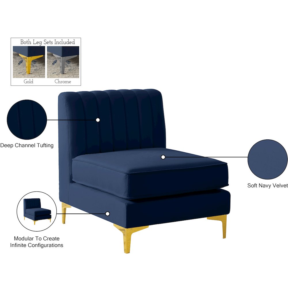 Alina Navy Velvet Armless Chair. Picture 17