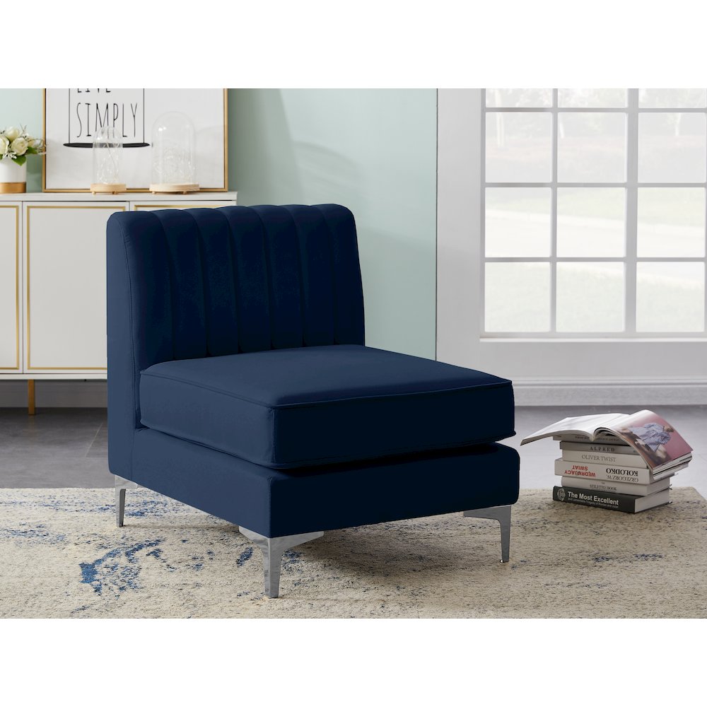 Alina Navy Velvet Armless Chair. Picture 3
