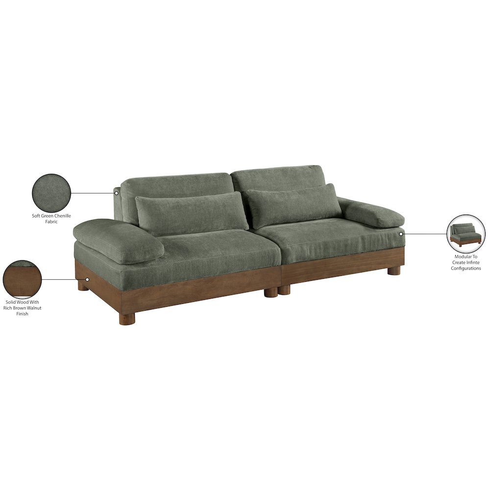 Turin 95.5" Green Chenille Fabric Upholstered 2pc. Modular Loveseat. Picture 5