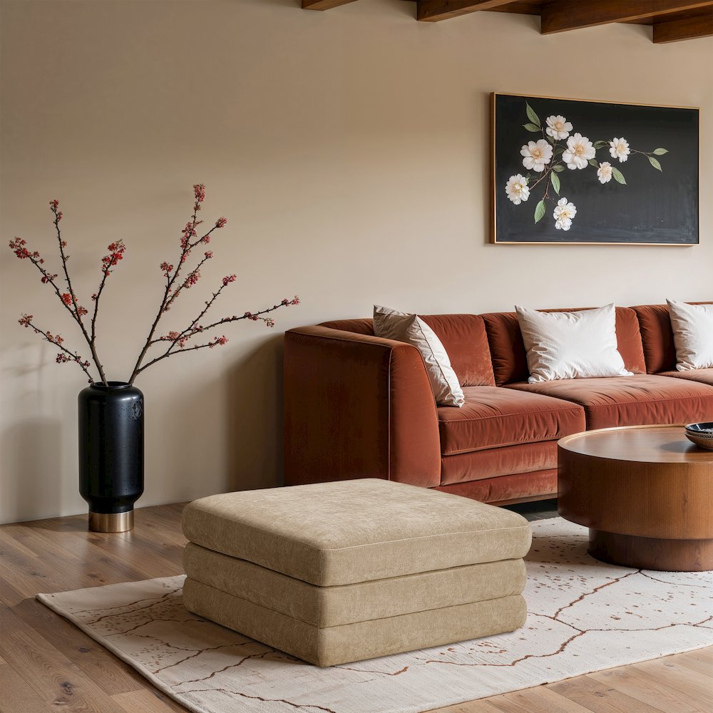 Stellar Beige Chenille Fabric Upholstered Modular Modular Ottoman. Picture 5
