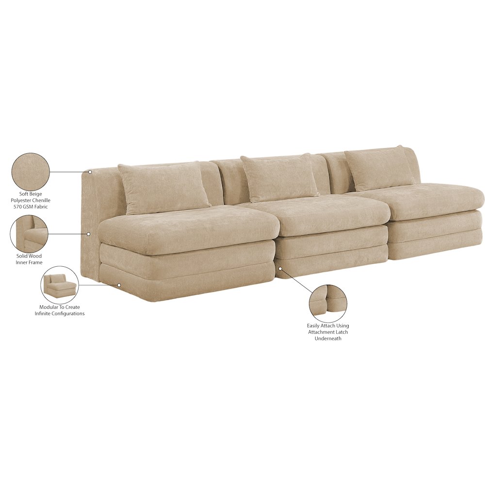 Stellar 114" Beige Chenille Fabric Upholstered 3pc. Modular Sofa. Picture 9