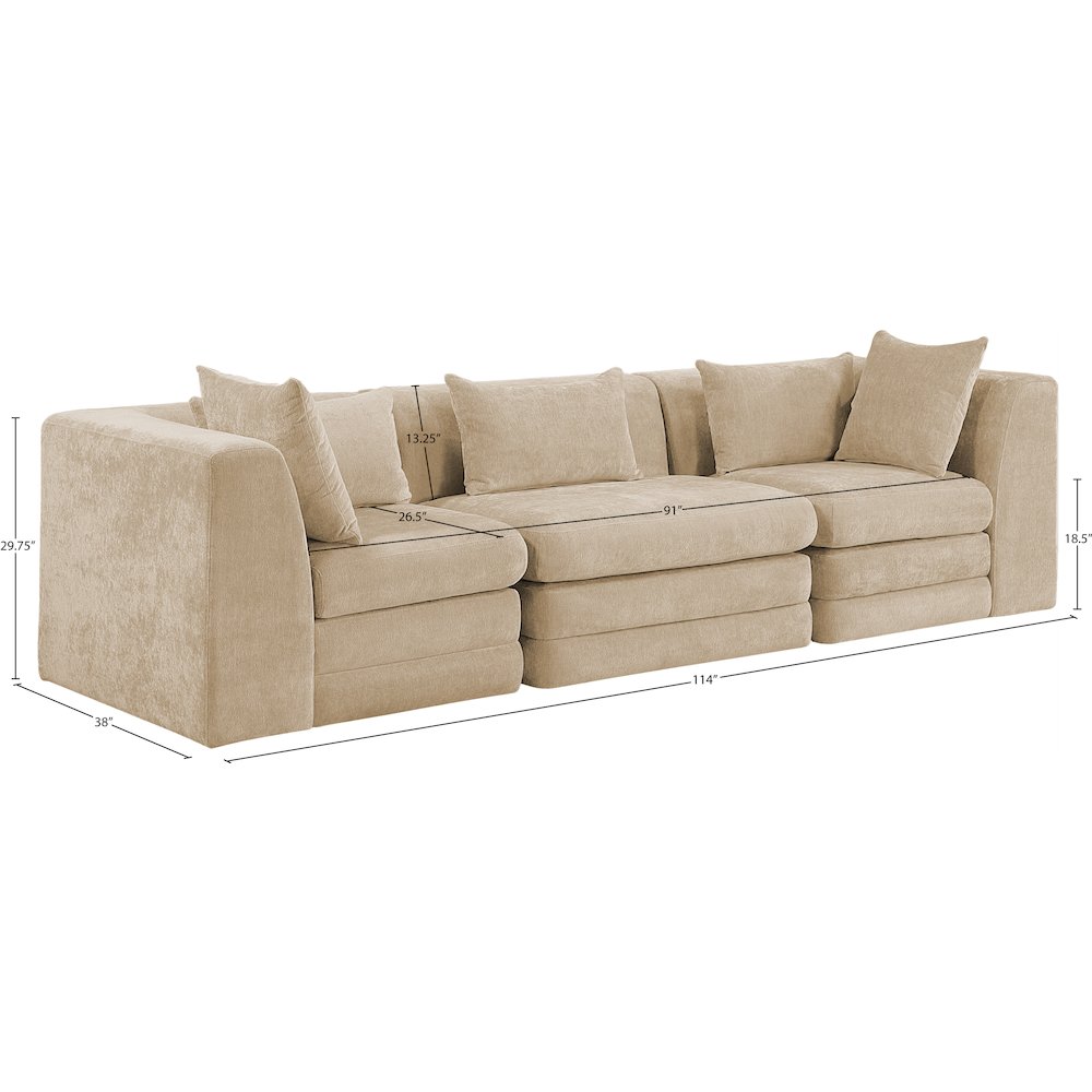 Stellar 114" Beige Chenille Fabric Upholstered 3pc. Modular Sofa. Picture 6