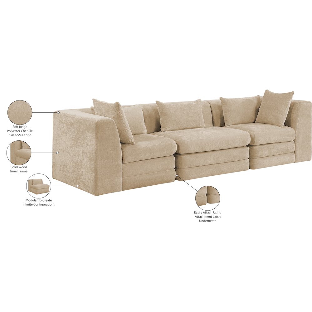 Stellar 114" Beige Chenille Fabric Upholstered 3pc. Modular Sofa. Picture 9