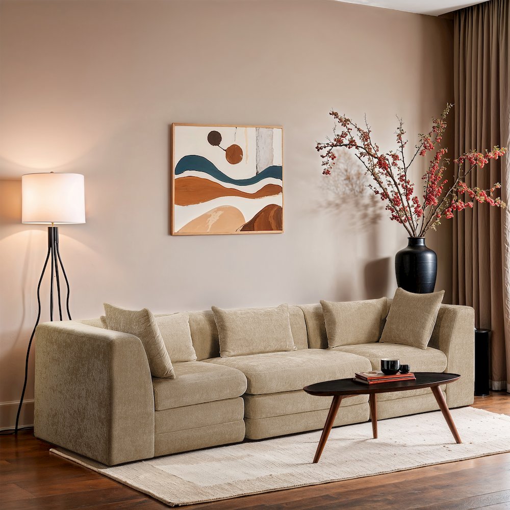 Stellar 114" Beige Chenille Fabric Upholstered 3pc. Modular Sofa. Picture 7