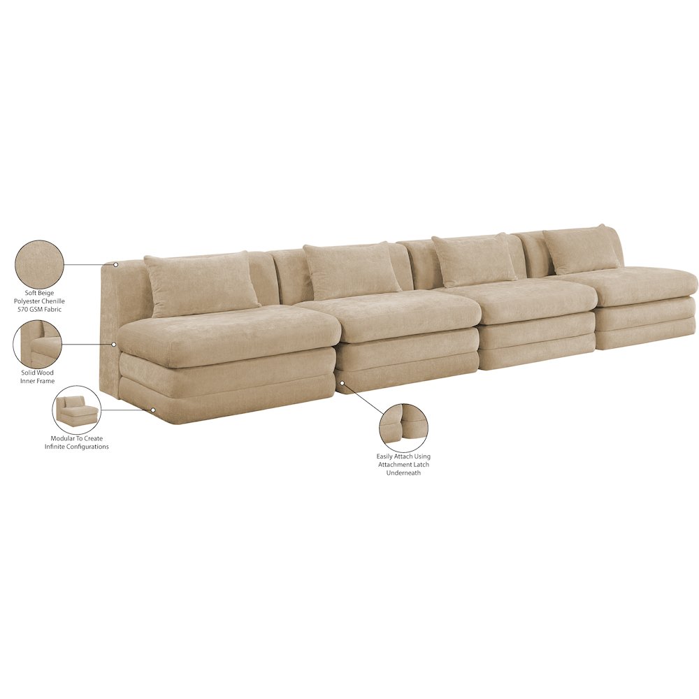 Stellar 152" Beige Chenille Fabric Upholstered 4pc. Modular Sofa. Picture 9