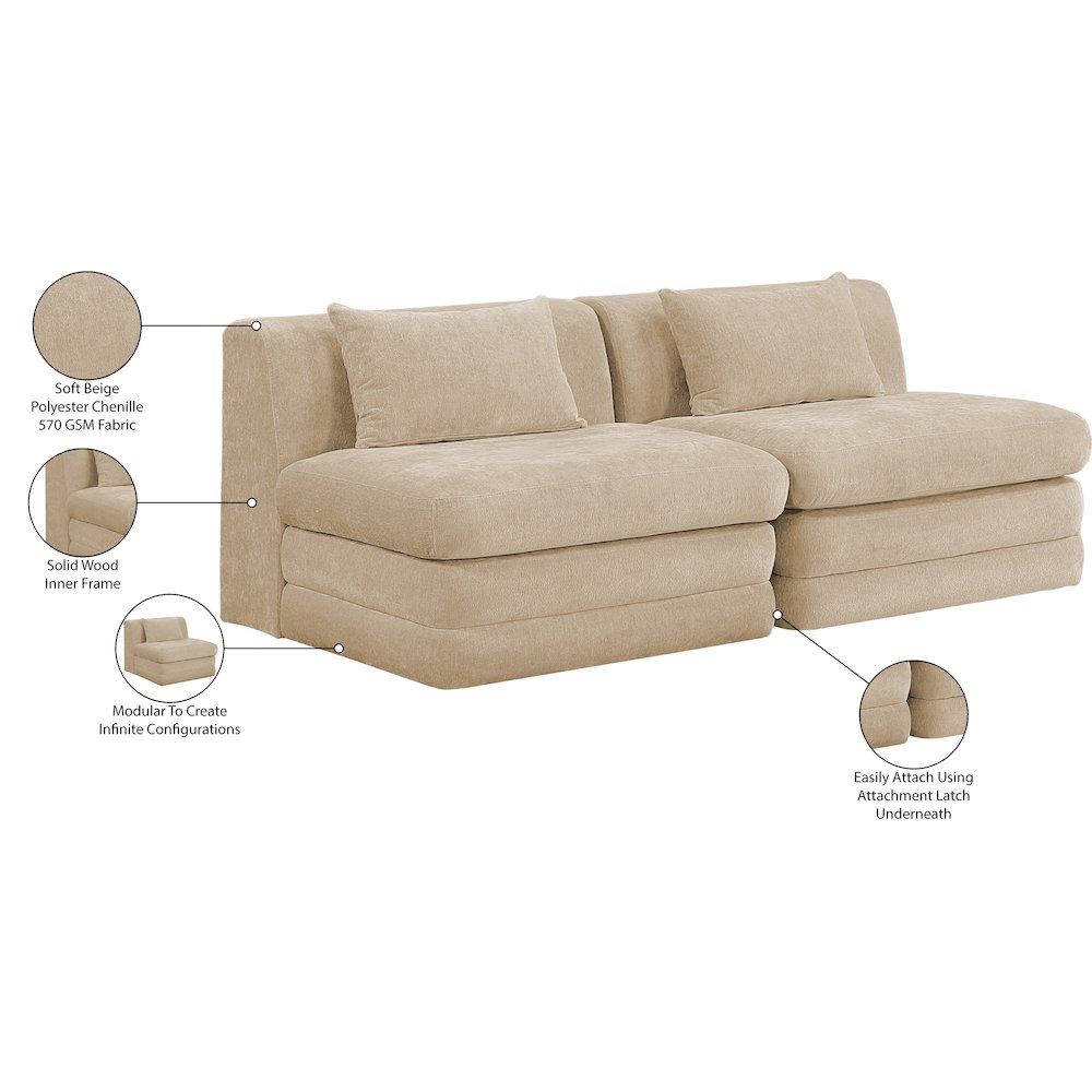 Stellar 76" Beige Chenille Fabric Upholstered 2pc. Modular Loveseat. Picture 9